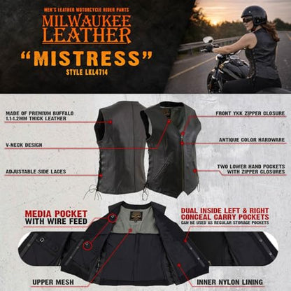 Milwaukee Leather Women's Classic Biker Vest - Premium Leather, Zipper Front, Concealed Carry, Rider Fit Design - color: Black, size: 3X-Large