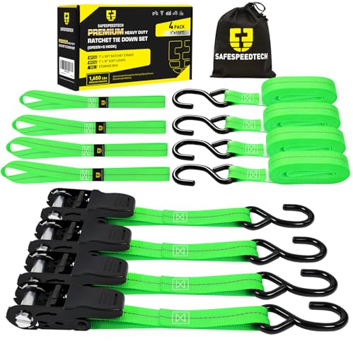 Ratchet Straps Tie Downs 4 Pack - 1 in x 15 ft Motorcycle Tie Down Straps - 4 Soft Loops with Safety S Hooks - 1650 lbs Breaking Strength - Ratchet Tie Down Set for Motorcycle, Truck, ATV, UTV - Green - color: Green, size: 1650LB - 15Ft