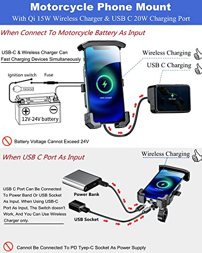 BRCOVAN Motorcycle Phone Mount Holder with Wireless & USB-C Charger | Qi 15W & PD 20W, 1s Locking Design Cellphone Clip with Aluminum Alloy Handlebar Mounting Base for 4'' - 7'' Smartphones