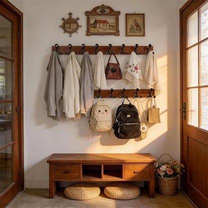 WEBI Coat Rack Wall Mount,30" Solid Wood Coat Hooks Wall Mounted Coat Hanger,16" Hole to Hole,Heavy Duty 5 Triple Hooks for Hanging Coats,Jacket,Hat,Backpack,Farmhouse,Reddish Brown - color: Reddish Brown, size: 30 Inch