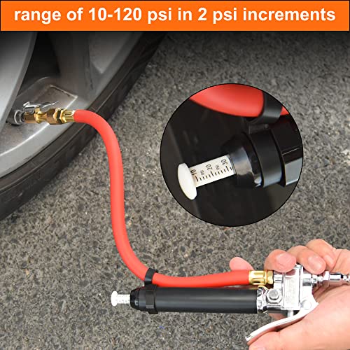 Tire Inflator 10-120 PSI Tire Pressure Gauge with 12 Inch Air Hose，Lock on Air Chuck, Heavy Duty 1/4'' NPT Tire Inflator Gauge Compatible with Air Pump Compressor for Car Truck Motorcycle Bike - size: 12" hose tire inflator gauge
