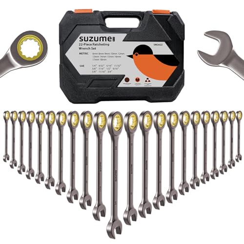 SUZUME 22-Piece Ratchet Wrenches Set Metric (6-18mm) SAE (1/4”-3/4”) Cr-V Steel 72-Tooth 5° Swing Arc Combination Wrench Sets with case for Tight Spaces Ideal for Mechanics and DIY Enthusiasts - size: 22-Piece, style: Metric and SAE