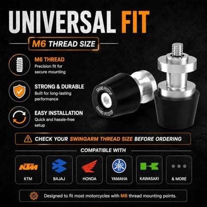 Grand Pitstop 6MM Motorcycle Swingarm Spools – M6 CNC Aluminum Paddock Stand Bobbins, Rear Wheel Lift Sliders, Black & Silver, Fits Yamaha YZF R1 R3 R6 FZ1 FZ6 MT09 MT10 - size: 6MM