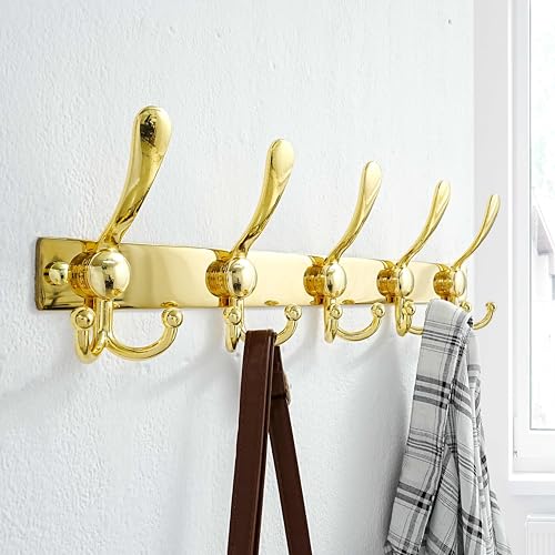 Dseap Coat Rack Wall Mount, Heavy Duty 12-Gauge Base vs Flimsy 1mm, Double-Thick Solid Anti-Snap Hooks, 16” Stud-Mount, Stainless Steel Hanger for Clothes Hat Entryway Closet, Gold, Pack of 2 - color: Gold, size: L=17" (2pcs)