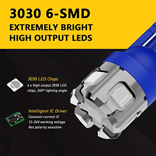 PHINLION 194 LED Light Bulb Blue Super Bright 168 2825 W5W T10 Wedge 6-SMD 3030 Chipsets LED Replacement Bulbs for Car Interior Map Dome Parking Door Courtesy License Plate Lights - color: Blue