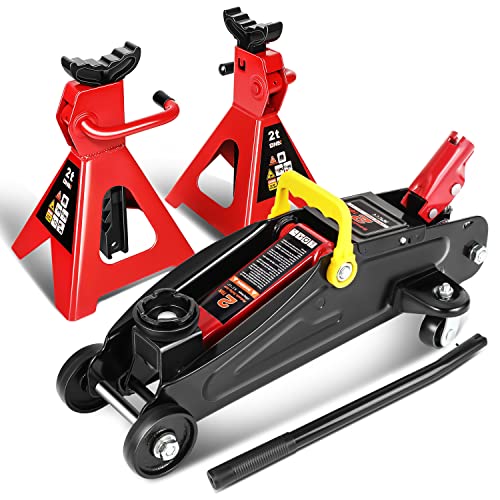 DNA Motoring 2 Ton Car Jack and Stands Kit 2T(4000 lbs) Capacity Low Profile Hydraulic Trolley Service/Floor Jack with 2 Ratchet Stands Combo for Home Garage Shop, Red/Black, TOOLS-00280 - color: Red Black