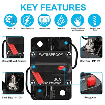 30 Amp Waterproof Circuit Breaker,Fuse Holder,Audio Circuit Breaker,with Manual Reset,12V-48V DC,30A-300A,for Automotive Marine Boat Audio System Current Overload Protection - color: WE30A