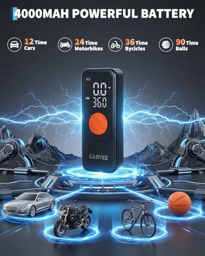 Garvee Portable Tire Inflator Air Compressor, 150PSI Cordless Air Pump, 4X Fast Inflation, Digital Pressure Gauge with Auto Shut-Off, LED Light, Rechargeable Tire Pump for Car, Motorcycle, Bike, Balls
