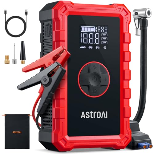 AstroAI S8 Air Jump Starter with Air Compressor,3000A Peak Car Battery Jump Starter Portable (9.0 Gas/6.5L Diesel) with 150PSI Cordless Auto-Shutoff Tire Inflator, 12V Battery Charger Booster(Red) - color: 3000A-Red