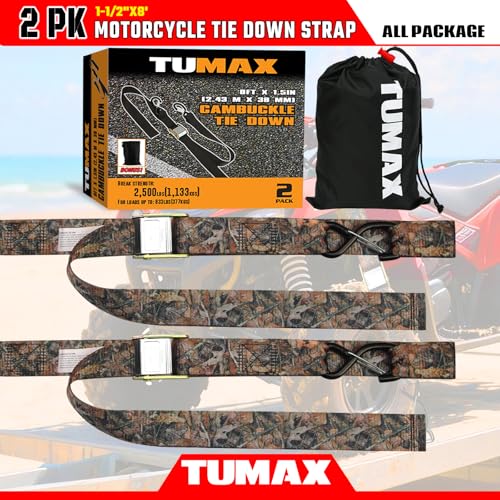 2 Pack Tie Down Straps with Cam Buckle - 2500lbs Break Strength, 1.5 Inch x 8 Feet Heavy Duty Camouflage Cargo Straps with Secure S-Hooks Latch, for Motorcycle, ATV, UTV, Dirt Bike and Trailer - color: Camouflage