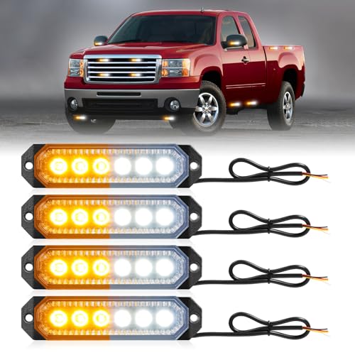 HLauto 406T Emergency Strobe Grille Lights: 4Pcs 6 LED Sync Feature Safety Warning Flashing Light, 12V-24V Ultra Slim Surface Mount Hazard Caution Light for Truck, Vehicle, Car, ATV, UTV (Amber White) - color: Amber/White