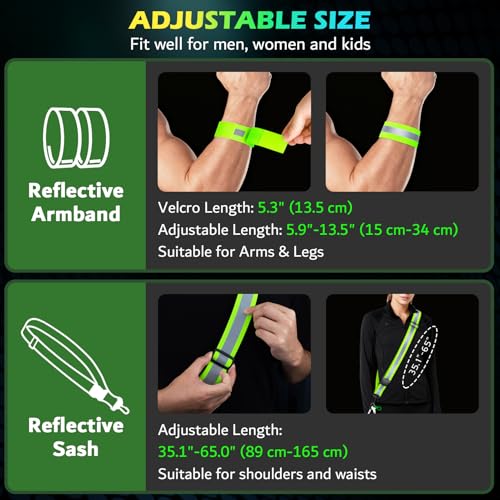 Reflective Walking Gear at Night, High Visibility Safety Reflective Sash Belt and 2-Pack Armband Set, Night Running Safety Gear for Women Men Kids - color: Green