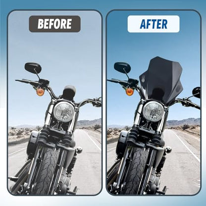 Motorcycle Universal Windshield 16.7” Windscreen Compatible with Yamaha Harley Honda Kawasaki Suzuki BMW Vulcan Cruiser Wind Deflector with 7/8" 1" 1 1/8" Handlebars, Black - color: Black