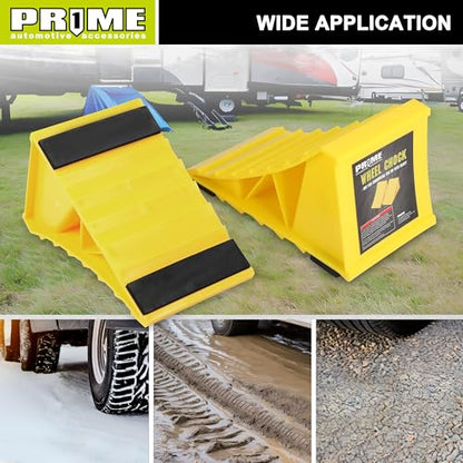 PR1ME Wheel Chocks with Non-Slip Base for RV & Trailer. 2 Pack Heavy Duty Wheel Chock with Bright Yellow. Lightweight Wheel Stoppers for Cars Camper Trucks RVs, Fit for Most Tyre Sizes