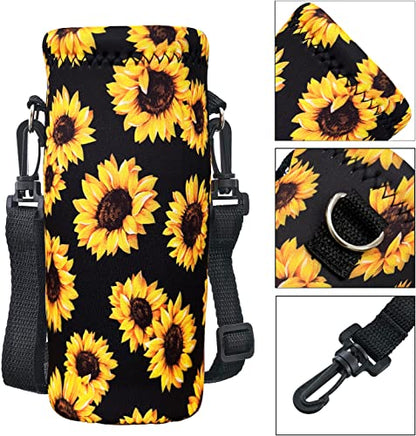 RICHEN Neoprene Water Bottle Carrier Bag with Adjustable Shoulder Strap,Insulated Water Bottle Cover for Stainless Steel/Glass/Plastic Bottles - color: Sunflowers, size: 750ml
