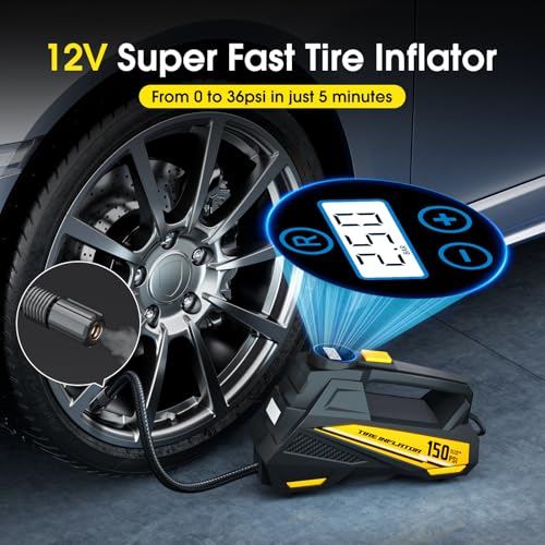 FLYKID Tire Inflator Portable Air Compressor- 12V DC Air Pump for Car Tires with 150PSI LCD Digital Gauge & Emergency LED Light,Auto Tire Pump for Cars,Motorcycles,Bikes,Balls (Yellow, Large)
