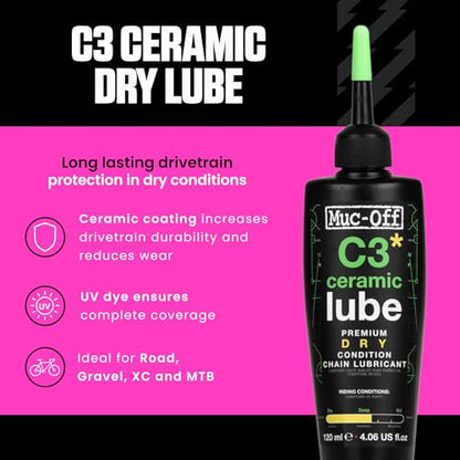 Muc-Off C3 Ceramic Dry Chain Lube, 120 Milliliters - Premium Bike Chain Lubricant with UV Tracer Dye - Formulated for Dry and Dusty Weather Conditions - size: 120ml