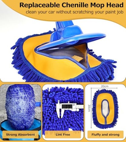 anngrowy 56.7" Car Wash Brush Mop Kit Mitt Sponge with Long Handle Car Cleaning Supplies Kit Tools Car Washing Duster Exterior Scratch Free, Chenille Replacement Head Extension Pole - color: Blue