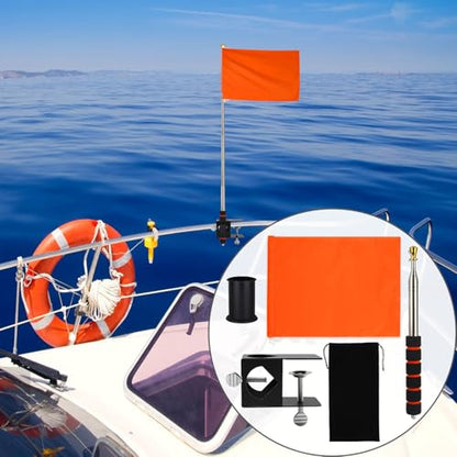 Orange Boat Flag 12" x 18" Floating Boat Flag Pole Kit Water Ski Boat Safety Flag Boating Tow Flag with 79" Metal Retractable Boat Safety Flagpole and Fix Base for Kayak Wakeboarding Watersports