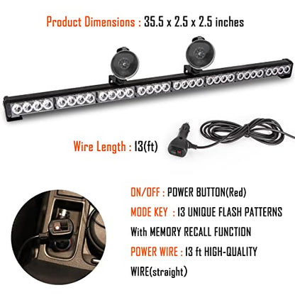 White/Purple Emergency Strobe Light Bar 36 In 13 Flash Patterns Traffic Advisor Warning Hazard Windshield Safety Lights Bar with Cigar Lighter for Vehicles, Truck (35.5 Inch, White/Purple 32 Led) - color: White/Purple
