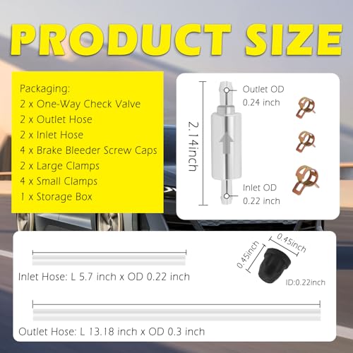 Brake Bleeder Hose One Way Check Valve 2-Piece Kit,Universal Brake Bleeding Kit for Hydraulic Brakes System,Leak-Proof Brakes Bleeder Tool Set with Clamps & Bleeders Valve Cap