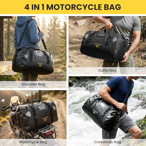 HOMIEE 40L Waterproof Duffel Bag, Waterproof Motorcycle Dry Travel Bag Tail Bag with Roll Top Closure & Shoulder Straps Outer Mesh Zipper Pocket for Camping, Kayaking, Fishing & Traveling - color: Black