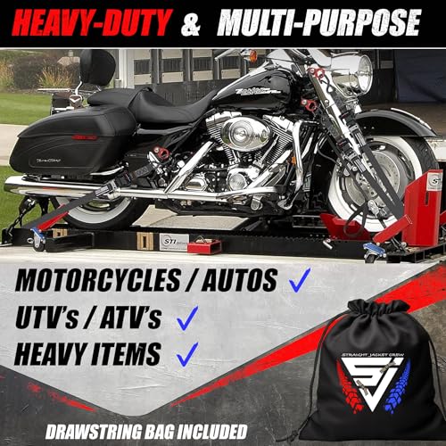Ratchet Straps Tie Down Kit Incl. (4) Heavy Duty Rachet Tiedowns (1.6" x 8') with Coated S Hooks + (4) Soft Loop Tie-Downs (17") - 5,208 Total Break Strength by Straight Jacket Crew (Black) - color: Black, size: 1.6" x 8'