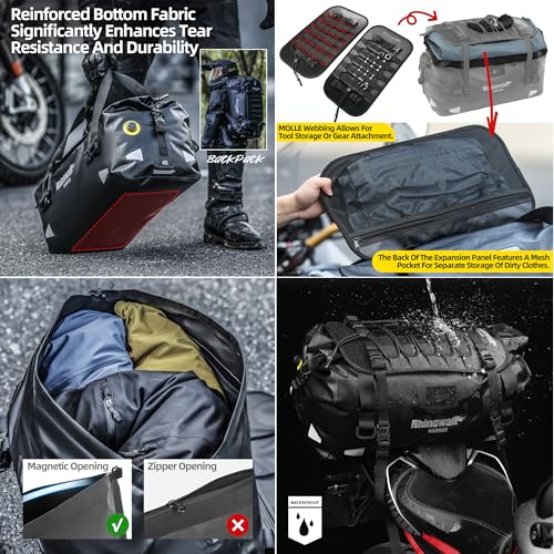 Rhinowalk Motorcycle Saddle Bag 40L – Waterproof Rear Seat Tail Bag with Expansion Panel, MOLLE System & Backpack Carry - size: 40L