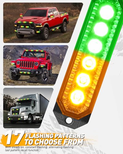 HLauto 406T Emergency Strobe Grille Lights: 4Pcs 6 LED Sync Feature Safety Warning Flashing Light, 12V-24V Ultra Slim Surface Mount Hazard Caution Light for Truck, Vehicle, Car, ATV, UTV (Amber Green) - color: Amber/Green