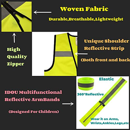 Hi Vis Kids Safety Vest + 2 Reflective Bands & Bag, Toddler Safety Vest,Reflective Vest Kids With Zipper,Toddler Construction Vest For Cycling & Running S1/SET - color: Neon Yellow（+2bands）, size: Small