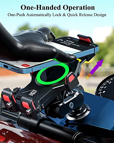 BRCOVAN Motorcycle Fork Stem Phone Mount with Qi 15W Wireless Charger & Vibration Dampener, Anti-Theft, Anti-Shake, Adjustable, Aluminum Alloy Motorcycle Cellphone Holder for 4.7-7.2'' Smartphone