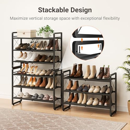 ELYKEN Shoe Rack, 3-Tier Expandable Shoe Organizer for Entryway, Metal Black Shoe Shelf with 4 Hooks, Ajustable Shoe Stand Holder for Closet, Garage, Door Entrance - size: 3-Tier