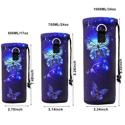 RICHEN Neoprene Water Bottle Carrier Bag with Adjustable Shoulder Strap,Insulated Water Bottle Cover for Stainless Steel/Glass/Plastic Bottles - color: Blue Butterflies, size: 750ml
