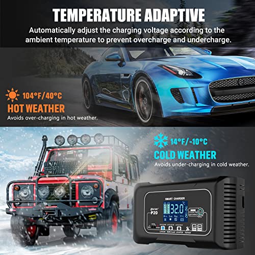 20-Amp Smart Battery Charger,Lithium,LiFePO4,Lead-Acid(AGM/Gel/SLA..) Car Battery Charger,Trickle Charger, Maintainer/deep Cycle Charger,12V/20A and 24V/10A,for Boat,Motorcycle,Lawn Mower,Golf cart..