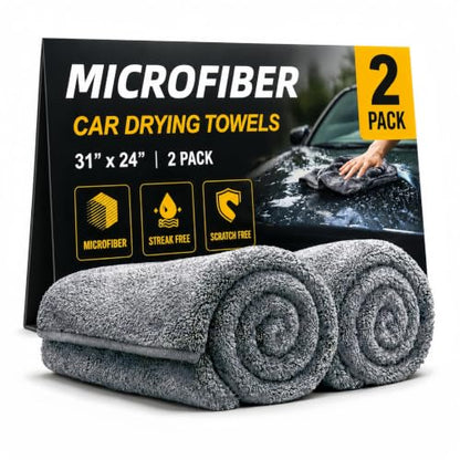 2 Pack Professional Large Microfiber Car Drying Towels (31" x 24"), Scratch Free, Lint Free, Highly Absorbent Quick Drying Towel Cloth for Cars, SUVs, RVs, Trucks Boats, Car Detailing