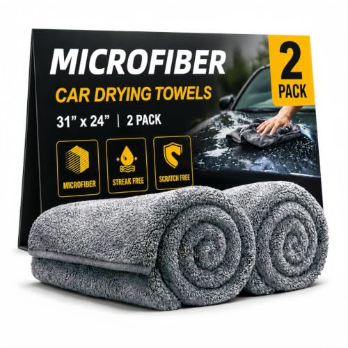 2 Pack Professional Large Microfiber Car Drying Towels (31" x 24"), Scratch Free, Lint Free, Highly Absorbent Quick Drying Towel Cloth for Cars, SUVs, RVs, Trucks Boats, Car Detailing