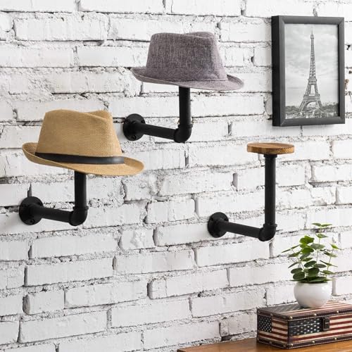 MyGift 3 Pcs Cowboy Hat Holder on Wall, Hat Rack Hooks, Wig Display Helmet Collection Organizer, Baseball Cap Hanger Entryway Bedroom, Realistic Black Metal Pipe Brown Wood - color: Industrial Style