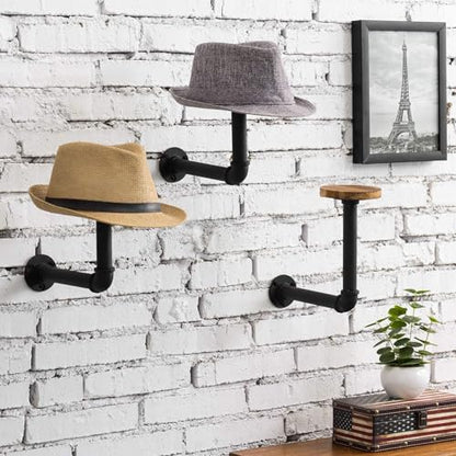 MyGift 3 Pcs Cowboy Hat Holder on Wall, Hat Rack Hooks, Wig Display Helmet Collection Organizer, Baseball Cap Hanger Entryway Bedroom, Realistic Black Metal Pipe Brown Wood - color: Industrial Style