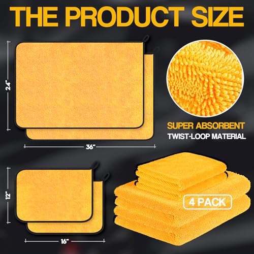 Bolant 4 Pack Twisted Loop Car Drying Towel, 36x24 in Car Towels Cleaning Supplies, Reusable Shammy Quick Dry Cloth for Carwash, for Auto, Boat, Kitchen, Windows & Bathroom（Yellow） - color: Yellow