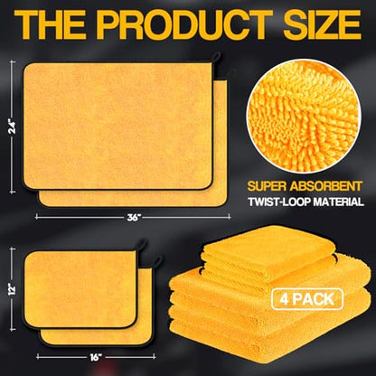 Bolant 4 Pack Twisted Loop Car Drying Towel, 36x24 in Car Towels Cleaning Supplies, Reusable Shammy Quick Dry Cloth for Carwash, for Auto, Boat, Kitchen, Windows & Bathroom（Yellow） - color: Yellow