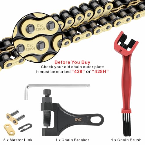 DYC 428H Motorcycle Chain 122 Links(Gold/Black) with Master Links, Chain Breaker Tool & Chain Brush for 125–250cc Motorcycle/ATV/Dirt Bike/Pit Bike/Go Kart SSR TaoTao Coolster Apollo Baja Kazuma - size: 428H-122L (Gold/Black)