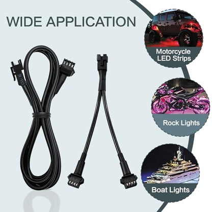 Rock Light Extension Wires 4 Pin and 2-Way Splitters 60 Inch, 8 Pcs | Rectangular Connector Pure Copper Insulated RGB LED Extension Cable for Motorcycle ATV Golf Car Truck Neon Underglow Strip
