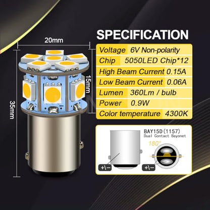 Ruiandsion 2pcs 1157 6 Volt LED Bulbs BAY15D 5050 12SMD 4300K Warm White LED Light Bulbs for Back Up Reverse Lights Brake Lights Tail Lights,Non-polarity - color: Warm White, size: 1157/BAY15D