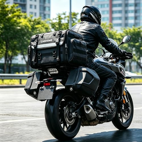 Motorcycle Tail Bag, 40L-60L Expandable Motorcycle Travel Luggage, Waterproof All-Weather Rear Seat Bag with Sissy Bar Straps & Rain Cover, Universal Trunk Rack Bag - Black