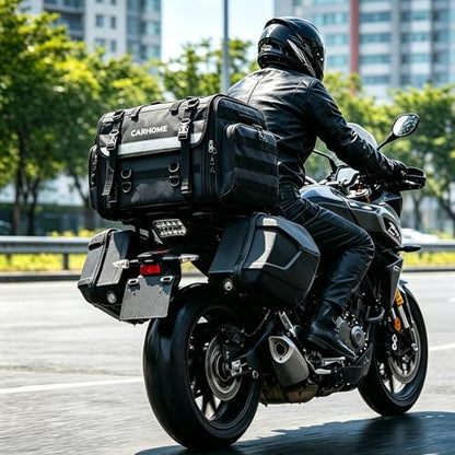 Motorcycle Tail Bag, 40L-60L Expandable Motorcycle Travel Luggage, Waterproof All-Weather Rear Seat Bag with Sissy Bar Straps & Rain Cover, Universal Trunk Rack Bag - Black