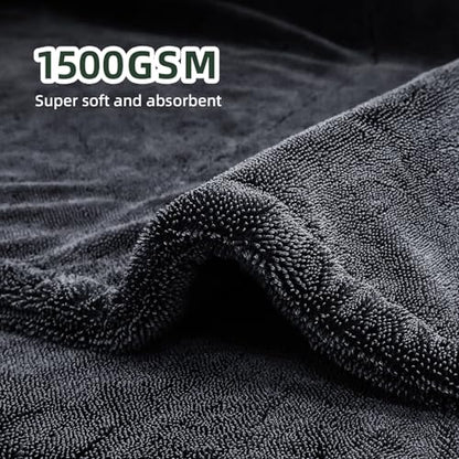 2-Pack 24" x 36" 11.8" x 11.8" Twisted-Loop Car Drying Towel 1500GSM Microfiber Cleaning Cloth for Car Trucks Motorcycles Streak Free Lint Free Ultra Absorbent Washing Cloth for Kitchen Window (Grey)