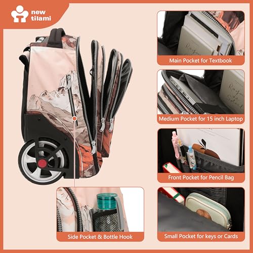 NEW TILAMI 20" Rolling Backpack for Teens Adults, Climbing Stairs Waterproof Backpack with Wheels for School Business Trave Camping with Laptop Compartment, Fit 17 Inch Laptop, Pcturesque Mountain - color: Pcturesque Mountain