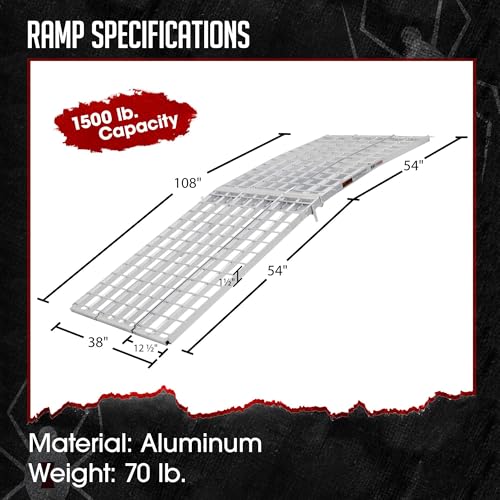 Black Widow 9' Aluminum Folding Motorcycle Ramp, Extra-Wide 3-Piece Arched Ride-Up Loading Ramp for Trucks and Trailers, 1,500 Lb Capacity, Silver - size: 9 feet