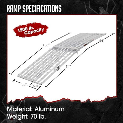 Black Widow 9' Aluminum Folding Motorcycle Ramp, Extra-Wide 3-Piece Arched Ride-Up Loading Ramp for Trucks and Trailers, 1,500 Lb Capacity, Silver - size: 9 feet