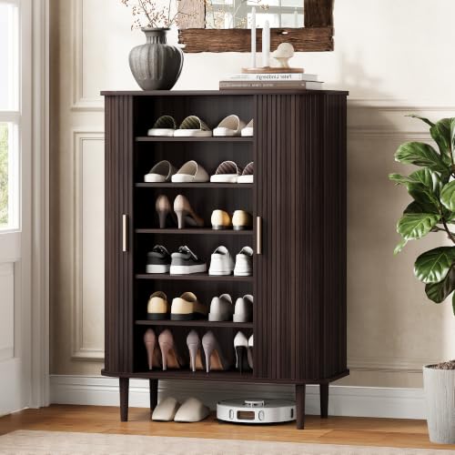 DHH Shoe Storage Cabinet with Sliding Door, 6-Tier Shoe Cabinet with Adjustable Shelves, Modern Freestanding Shoe Storage Organizer for Entryway, Hallway, Living Room (Dark Walnut, 31.5 ") - color: Dark Walnut, size: 31.5 "